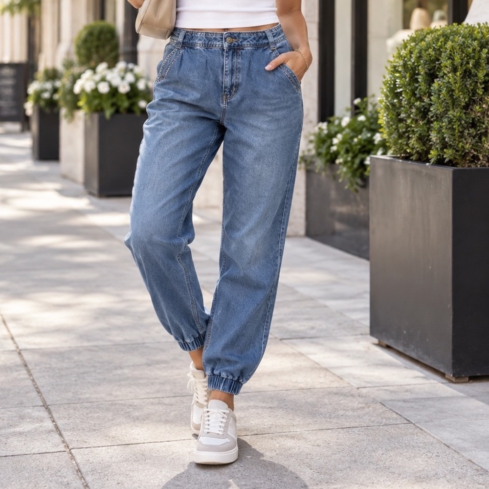 Boden Denim Women Blue Jogger Jeans Size US 14L T0738 Medium Wash Elastic Cuff